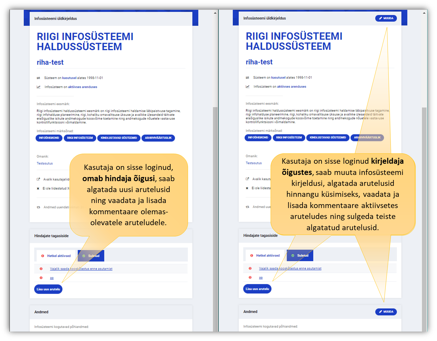 Infosüsteemi detailvaade hindajale ja kirjeldajale